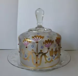 More details for stunning vintage czech bohemian centrepiece glass dome cake holder hand painted