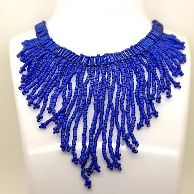Colar gargantilha franja contas de semente azul feito à mão C001 bijuterias vintage - Imagem 1 de 4