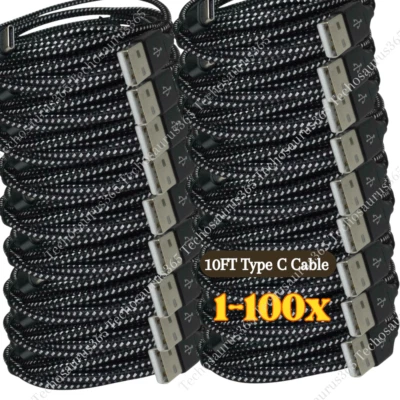  1-100 Lot 10ft USB Type C Fast Charger Cable For Samsung Android Charging Cord - Image 1 of 4