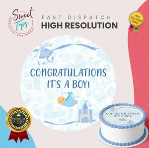 BOYS BABY SHOWER EDIBLE ROUND BIRTHDAY CAKE TOPPER DECORATION PERSONALISED - Picture 1 of 1