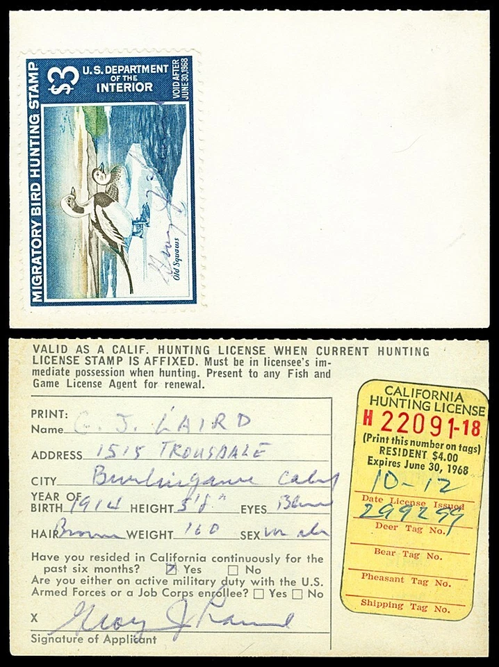 Scott RW34 1967 $3.00 Duck Stamp Used on California Hunting License - Image 1 of 1