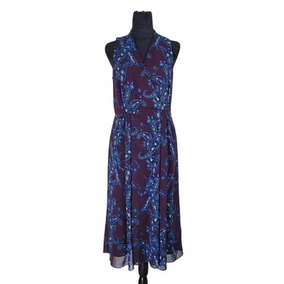 CAbi Treasure Midi Dress Size 8 Purple Blue Paisley Chiffon Sleeveless Lined - Image 1 of 4
