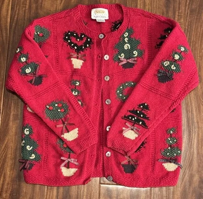 Talbots 复古手工针织圣诞开衫 3D 蝴蝶结女式 PP 码 — 第 1/4 张图片