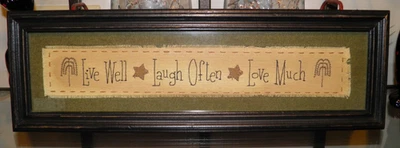 Primitive Narrow Wall Hanging Framed Stitched Live Well Laugh Often Love Much - Image 1 of 4