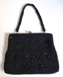 Abendhandtasche Perlen-Handtasche Schwarz Henkel Kuss Verschluss 1970er Vintage - Bild 1 von 12