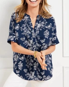 NWT Talbots XL Band Collar Button Front Poplin Top Blue White Butterfly Floral - Picture 1 of 11
