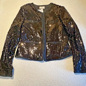 Ann Taylor Loft Allover Sequin Lady Jacket Cardigan S Black Open Front Holiday - Picture 1 of 7