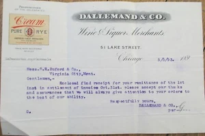 Rye Whisky, Weinschnaps 1893 Chicago, IL Farbbriefkopf nach Virginia City, MT - Bild 1 von 1