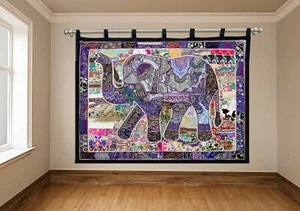Elephant Wall Hanging Patchwork Big Tapestry Beaded Hand Embroidered Throw Decor - Picture 1 of 7