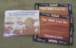 1990 AUSTRALIAN MINT SET & 1990 ANZAC 75th ANNIVERSARY $5 CARDED COIN - Bild 1 von 6