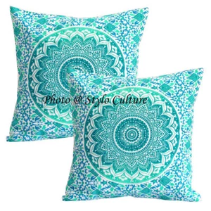 Indian Pillowcase Cover Ombre Printed Green Indian Cushion Cover - Picture 1 of 4