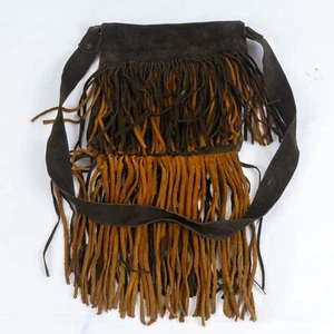 Vintage 1970s Nubuck Leather Boho Hippie Purse Two-tone Brown Tassels - Picture 1 of 4