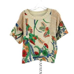 Anthropologie Cream Pullover Cotton Short Sleeve Sweater Womens XS Floral Print