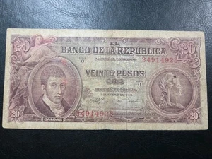1960 COLUMBIA 20 PESOS ORO BANKNOTE WÄHRUNG - ZIRKULIERT - Bild 1 von 6