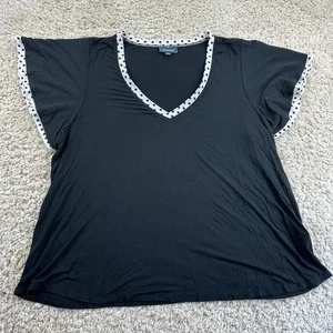 ModCloth Plus Size Womens 2X Black Blouse Short Sleeve V Neck Polka Dot Trim - Picture 1 of 7
