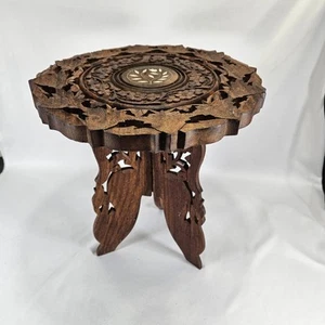 Vintage Carved Wooden Plant Stand Tabletop w/ Inlay Tripod Legs India 12" H - Picture 1 of 12