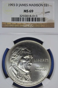 1993 D NGC MS69 JAMES MADISON COMMEMORATIVE SILVER DOLLAR #B51090 - Picture 1 of 2
