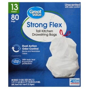 Great Value Strong Flex Kitchen Drawstring Bags, Unscented, 13 Gallon, 80 Count - Picture 1 of 4