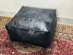 Leather Moroccan Ottoman Boho Brown Black Genuine Footstool Pouffe Unstuffed 30' - Picture 1 of 9