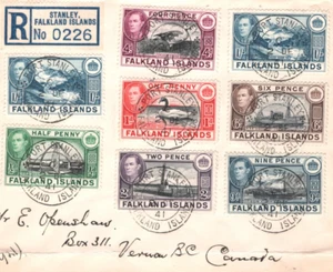 FALKLAND ISLANDS WW2 Cover KGVI Stamps{8} Reg'd 1941 Canada BIRDS SHIPS KA237 - Picture 1 of 10