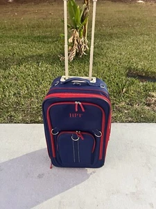 POTTERY BARN KIDS Fairfax Navy LARGE Rolling Luggage SUITCASE Red Trim Blemishes - Picture 1 of 24