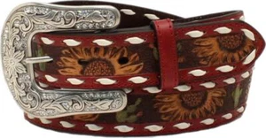 Nocona Western Womens Belt Leather Sunflower Cactus Laced Red D140001104 - Picture 1 of 1