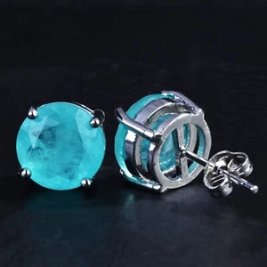 New 10mm Round Shape Neon Blue Tourmaline Gems Silver Women Girl Stud Earrings - Picture 1 of 6