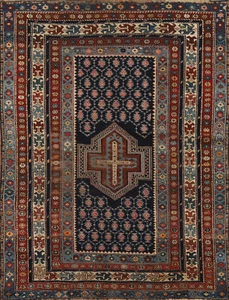 Navy Blue Pre-1900 Antique Kazak Vegetable Dye Rug 4x5 Handmade Wool Carpet - Afbeelding 1 van 21