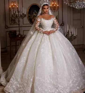 Vintage Princess Lace Wedding Dress Shiny Tulle Long Sleeve Beaded Bridal Gowns - Picture 1 of 5