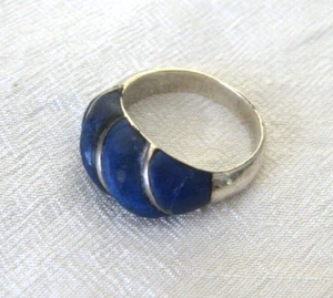 Mexican Lapis Lazuli & Silver Ring / diagonal-striped design / Size 7 1/2 - Picture 1 of 5