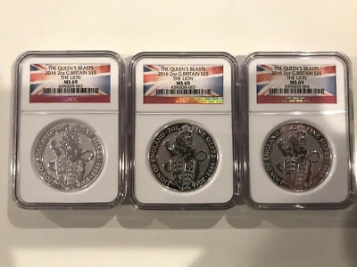 NGC MS69 2016 UK PLATA BESTIA DE LA REINA El León de Inglaterra 2 oz £5 x 3 Foto 1 de 4