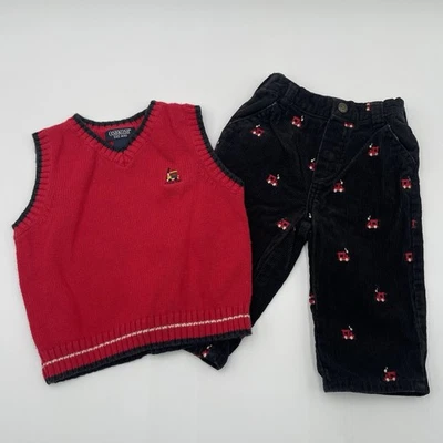 Pantalones de tren de pana negros de colección Oshkosh para niños pequeños talla 12 mos con chaleco suéter Foto 1 de 4