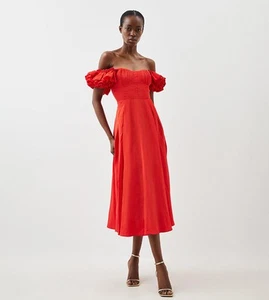 BNWT Karen Millen Taffeta Ruffle Woven Midi Dress Red Sz:10 RRP:329 - Picture 1 of 5