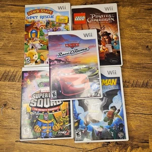 Wii Games Lego Batman Marvel Hero Squad Pet Rescue Cars RaceORama 5 Games - Picture 1 of 4