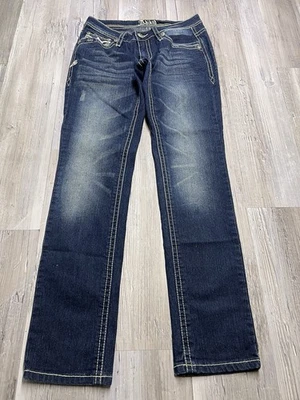 Pantalones de mezclilla para mujer Adiktd rectos ajustados talla 6/29 adornados lavado oscuro punto grueso Foto 1 de 4