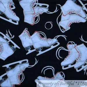 BonEful Fabric FQ Cotton Quilt Black White Ice Skates Winter Sport MI LAST SCRAP - Picture 1 of 10