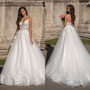 Sexy A-Line Wedding Dresses V-Neck Spaghetti Straps Lace Applique Bridal Gowns - Picture 1 of 9