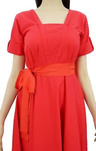 Bimba Women Short Sleeve Saffron Red Linen Shift Dress with Belt Casual Dresses