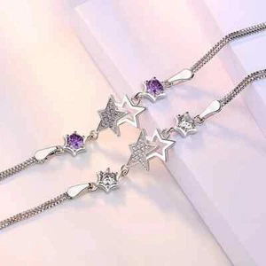Women Rhinestone Star Bracelets Adjustable Purple Clear Crystal Bangle for Women - Picture 1 of 11