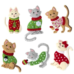 Cats in Ugly Christmas Sweaters ~ Set of 6 Felt Applique Ornament Kit - Picture 1 of 10