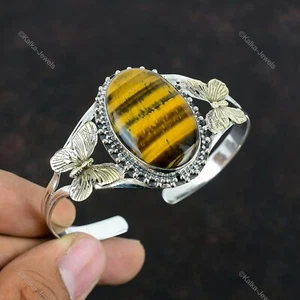 925 Sterling Silver Tiger's Eye Stone Bezel Wedding New Butterfly Bangle Jewelry - Picture 1 of 6