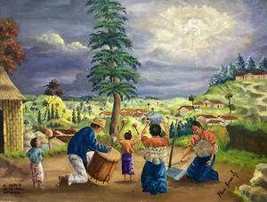 Vintage Original Oil Painting -Eclipse Angel Folk Art Landscape -Signed - Picture 1 of 11