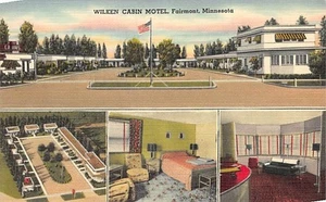 Postal MN: Wilken Cabin Motel, Fairmont, Minnesota, ropa de cama multivista años 40 - Imagen 1 de 2