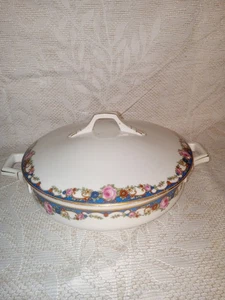 Vtg F K Kaestner Germany Blue With Roses Round Covered Dish - Picture 1 of 4