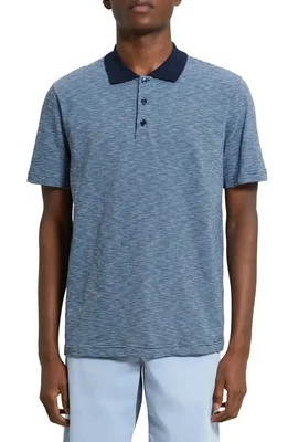 Theory Men's Bron Stripe Cosmos Slub Cotton Polo in ORY Baltic/Heron-Large - Image 1 of 4