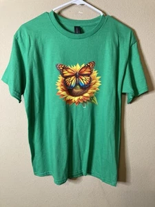 Butterfly Sunflowers Youth Lg Adult Sm Gildan Green Cotton Tshirt Heavy Cotton - Picture 1 of 3