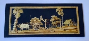Vintage Asian Folk Myint Sein Black Linen Fabric Burmese Straw Art Oxen Farmers - Picture 1 of 9