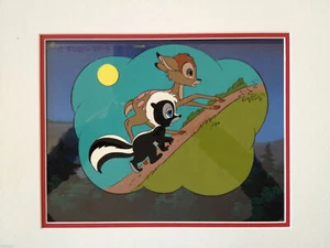 Animation Cel 1986 Bambi & Flower Climbing Hill With Sketch and Fully Painted BG - Picture 1 of 2