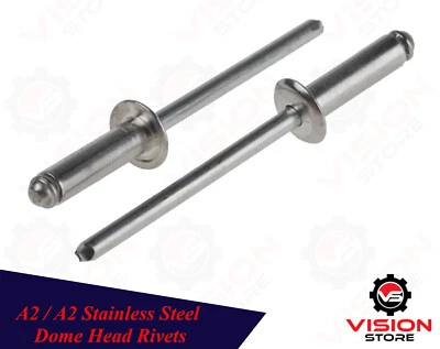 VSD POP RIVETS DOME HEAD OPEN END BLIND A2 STAINLESS STEEL 3mm 3.2mm 4mm 4.8mm 5mm