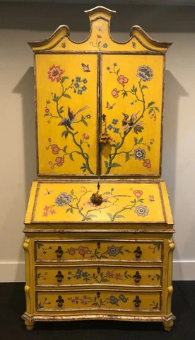 Antique European 2 Piece Hand Painted Secretaire, Desk- Floral, Birds, Yellow Cover